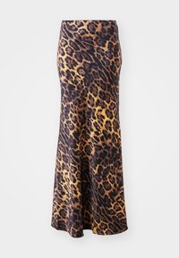 Maxi falda de estampado de leopardo hecha de tela suave, con cintura ajustada, dobladillo acampanado y vibrantes tonos marrón y dorado.