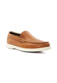 Brown leather slip-on shoe with a round toe, stitched detailing, and a white rubber sole. Smooth texture, minimalist design.