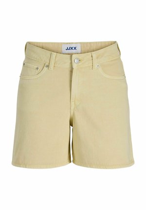 Short en denim beige avec bouton sur le devant, passants de ceinture, deux poches avant et une étiquette de marque JJXX visible à l'intérieur de la taille.