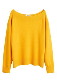 Gelber übergroßer Pullover mit weitem Ausschnitt, gerippten Bündchen und Saum. Weicher Stoff mit glatter Textur und entspannter Passform.