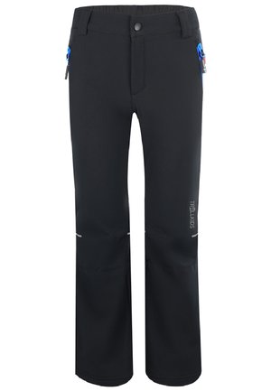 Schwarze Softshell-Hosen mit elastischem Bund, zwei Reißverschluss-Taschen, reflektierenden Akzenten und einer lockeren Passform für optimale Bewegungsfreiheit.