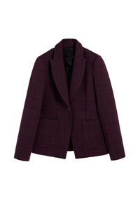 Blazer a cuadros burdeos hecho de tela texturizada, con solapas con muesca, cierre de un botón y dos bolsillos frontales.