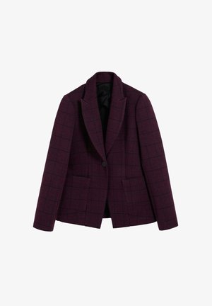 Blazer a cuadros burdeos hecho de tela texturizada, con solapas con muesca, cierre de un botón y dos bolsillos frontales.