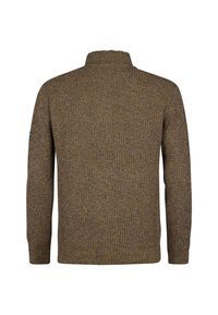 Bruine en grijze gemarmerde gebreide trui met lange mouwen en geribde manchetten, bekeken vanuit de achterkant op een witte achtergrond.