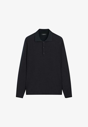 Black long-sleeve polo shirt with a collared neckline, three-button placket, and smooth, knit texture. No patterns or additional accents.