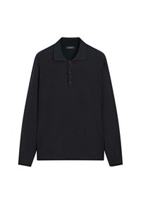 Sort langærmet polo skjorte med krave, tre-knaps lukning og glat, strikket struktur. Ingen mønstre eller yderligere detaljer.