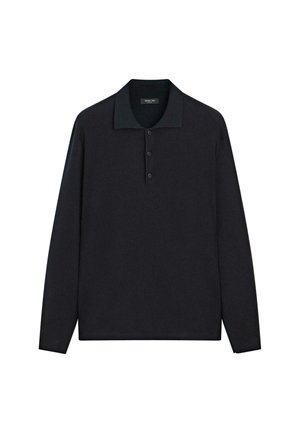 Black long-sleeve polo shirt with a collared neckline, three-button placket, and smooth, knit texture. No patterns or additional accents.