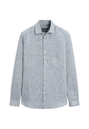 Lysegrå langærmet skjorte med knapper, krave og brystlomme, lavet af tekstureret stof.