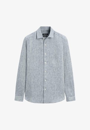 Camicia grigio chiaro a maniche lunghe con bottoni, colletto e taschino sul petto, realizzata in tessuto strutturato.