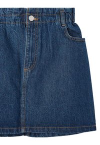 Gonna di jeans con vita elastica, colore blu, due tasche frontali e cuciture arancioni a contrasto. Design casual e versatile.