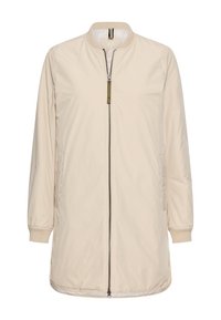 Beige lange jas van gladde stof, met een ritssluiting aan de voorkant, geribde manchetten en twee zijzakken. Eenvoudig, minimalistisch ontwerp.