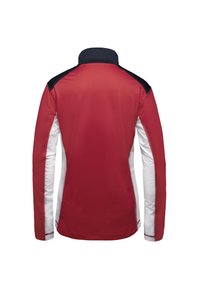 Rot-weiße Jacke mit langen Ärmeln und hohem Kragen. Sportliches Design mit kontrastierenden navyblauen Schulterakzenten. Glatte Textur insgesamt.