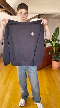 Dark gray sweatshirt with a front pocket and a small multi-colored badge on the chest. Cotton material, regular fit, plain design.