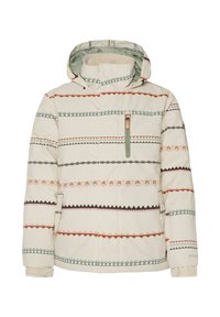 Gepolsterte Jacke in Creme mit bunten geometrischen Streifenmustern, Kapuze und einer vorderen Reißverschlusstasche. Die strukturierte Stoffoberfläche sorgt für visuelles Interesse.