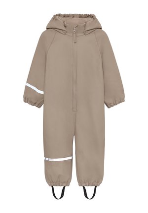 Tuta da neve beige per bambini con cappuccio, cerniera frontale, polsini elasticizzati, strisce riflettenti sulla manica e sulla gamba sinistra e fasce nere per i piedi.