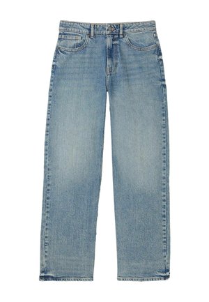Light blue denim jeans, wide-leg design, faded texture, five pockets, button and zipper closure, straight hem, classic stitching details.