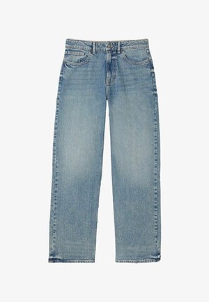 Hellblaue Jeans aus Denim, weit geschnitten, verwaschene Textur, fünf Taschen, Knopf- und Reißverschluss, gerader Saum, klassische Nähdetails.
