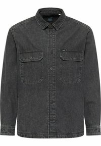 Černá džínová bunda s knoflíkovým zapínáním, dvěma náprsními kapsami s chlopněmi a klasickým límcem. Strukturální tkanina s viditelným švem.