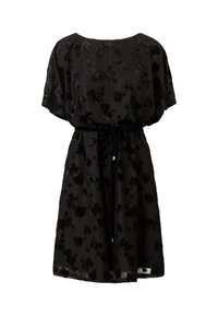 Robe noire à manches courtes, avec broderies florales et une taille à cordon. Tissu léger avec un design fluide, longueur au genou.