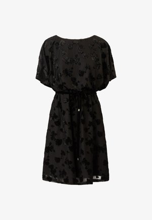 Zwart jurkje met korte mouwen, bloemenborduursel en een trekkoord in de taille. Lichtgewicht stof met een vloeiende uitstraling, met een lengte tot de knie.