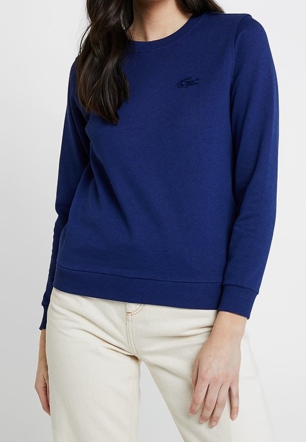 Täysin puuvillasta valmistettu tummansininen huppari, jossa on pyöreä kaula-aukko, pitkät hihat, resorit hihoissa ja helmassa, sekä hillitty kirjailtu logo rinnassa.