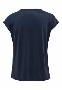 T-shirt à manches courtes bleu marine, col rond, en tissu doux, avec une coupe décontractée sans motifs visibles ni détails matériels.