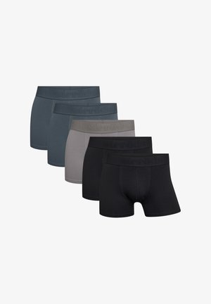 Vijf paar boxers in blauw, grijs en zwart. Elk met een zachte, elastische tailleband met reliëf brandlogo en een strakke pasvorm.