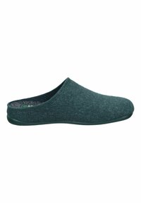 Dark green felt clogs with a slip-on design, featuring a soft texture and a flexible rubber sole for comfort and durability.