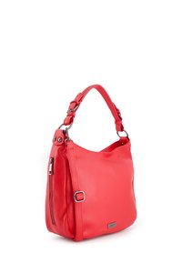 Red leather handbag with a textured surface, a single top handle, adjustable shoulder strap, and a side zip pocket.