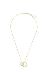 Gouden ketting met twee onderling verstrengelde ringen, fijne ketting, eenvoudig ontwerp en lobster clasp. Geschikt voor verschillende nekomtrekken.