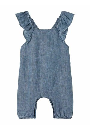 Ærmeløs blå babyromper i hør med flæset skulderstropper og elastiske manchetter ved benåbningerne.
