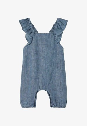 Barboteuse bébé en lin bleu sans manches avec bretelles volantées et poignets élastiques aux ouvertures des jambes.
