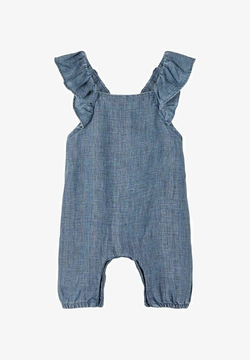 Barboteuse bébé en lin bleu sans manches avec bretelles volantées et poignets élastiques aux ouvertures des jambes.