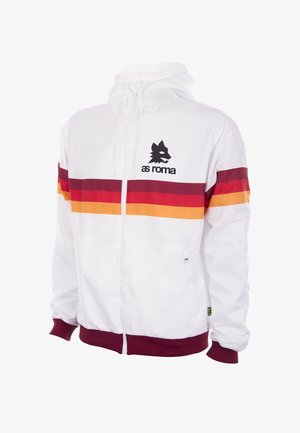 Witte lichte jas met een capuchon, voorzien van horizontale rode, oranje en kastanjebruine strepen, een zwart logo en geribbelde manchetten en zoom.