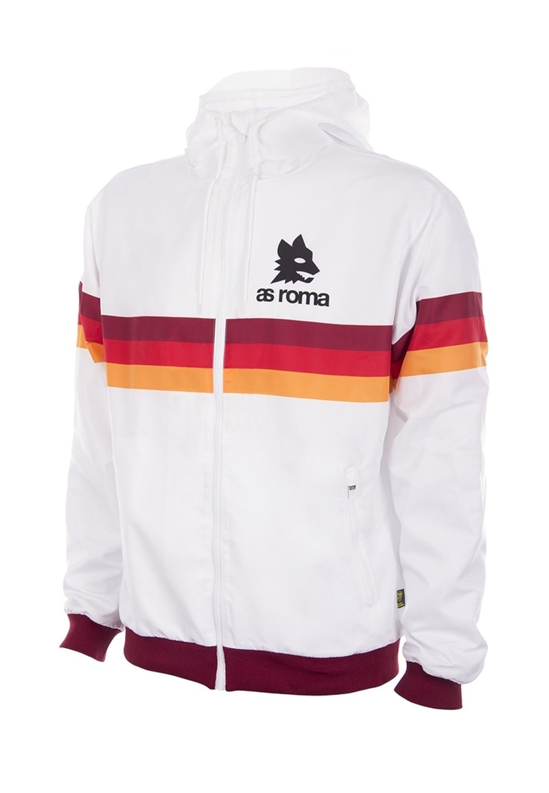 Witte lichte jas met een capuchon, voorzien van horizontale rode, oranje en kastanjebruine strepen, een zwart logo en geribbelde manchetten en zoom.