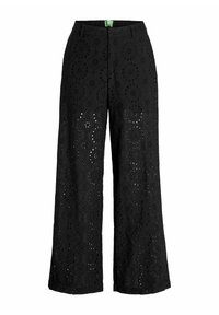 Pantalons larges noirs avec broderie œillet et motifs floraux, fabriqués à partir d'un tissu léger, et avec un design de taille classique.