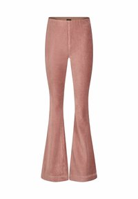 Pantalones acampanados de pana rosa con cintura alta, que presentan una textura de canalé vertical y dobladillos anchos. La tela tiene un acabado suave.