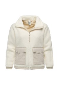 Giacca in pile color crema con tasche frontali trapuntate, chiusura con zip, colletto alto e polsini elasticizzati.