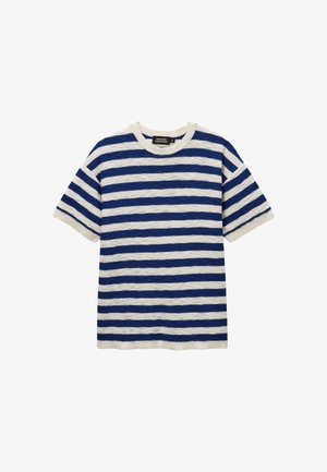 Chemise en tricot à manches courtes avec des rayures horizontales bleu marine et blanc et un col rond.