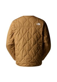 Veste matelassée marron avec un motif en vague losange, manches longues et logo "The North Face" en haut à droite du dos.