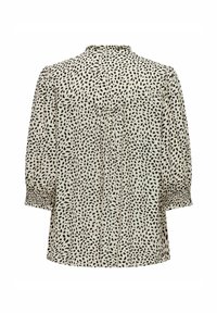Lichte, beige blouse met een zwart abstract patroon. Heeft een comfortabele pasvorm, knopen aan de achterkant en geplooide mouwen.