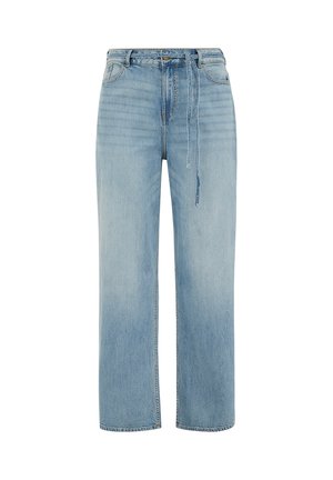 Jean en denim bleu clair à jambes larges avec une taille haute, des poches avant et une fermeture à cordon. Texture lisse et design classique à cinq poches.