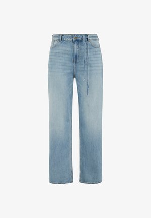 Gaiši zili džinsa plaša piegriezuma bikses ar augstu vidukli, priekšējām kabatām un aizskāriena aizdari ar auklu. Gluda tekstūra un klasisks piecu kabatu dizains.