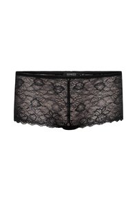 Shorturi din dantelă neagră, decorate cu modele florale, margini ondulate și o talie solidă pe care este afișat numele brandului "SOAKED".