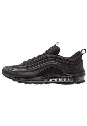 Czarny sneakers Nike Air Max 97 z falistymi liniami na górze, widoczną podeszwą z poduszką powietrzną, pętelkami na języku i pięcie, pokazany z boku.