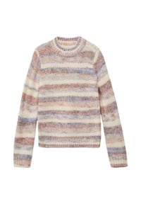 Strickpullover mit sanften, mehrfarbigen Streifen in Creme, Lavendel und Pfirsich; Rundhalsausschnitt und gerippte Bündchen und Saum.