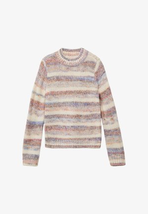 Pull en maille avec de douces rayures multicolores en crème, lavande et pêche ; encolure ras du cou et bords côtes aux poignets et à l'ourlet.