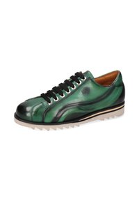 Grüne Leder-Sneaker mit schwarzen Akzenten, strukturiertem Finish, runder Zehenpartie und Gummisohle mit Zickzackmuster. Schwarze Schnürsenkel und sichtbares Logo-Detail.