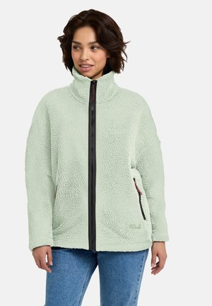 Donna che indossa una giacca in pile verde chiaro con zip frontale nera e tasche con zip, abbinata a jeans blu, in piedi davanti a uno sfondo bianco.