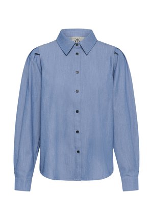 Cămașă bleu deschis cu nasturi, confecționată dintr-un material texturat, având mâneci lungi cu umeri bufanți, nasturi negri și guler clasic.